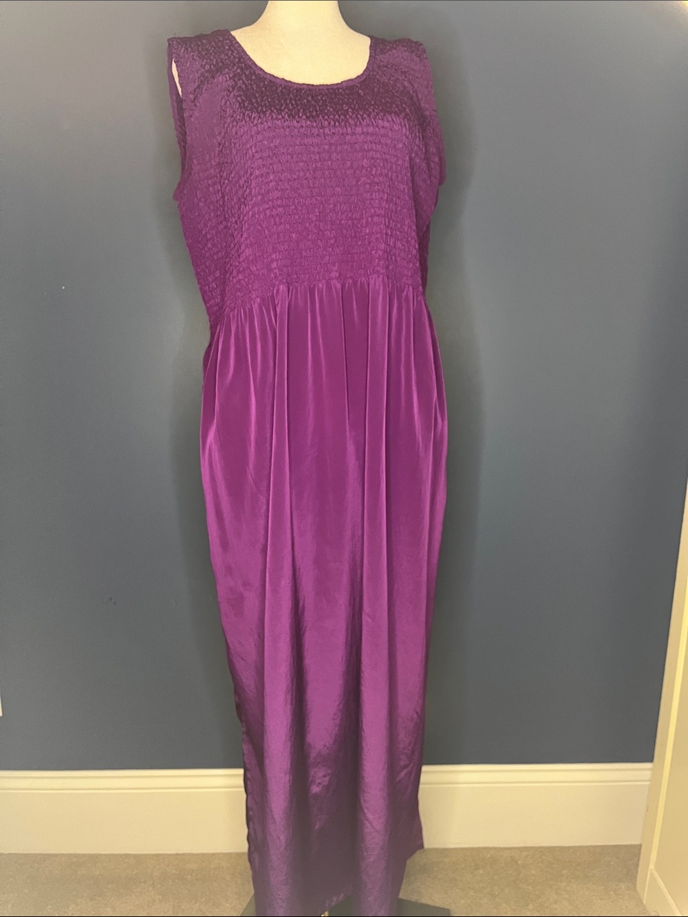 Blair: Elegant Deep Purple shimmery Sleeveless Maxi Dress, size M, smocked top,
